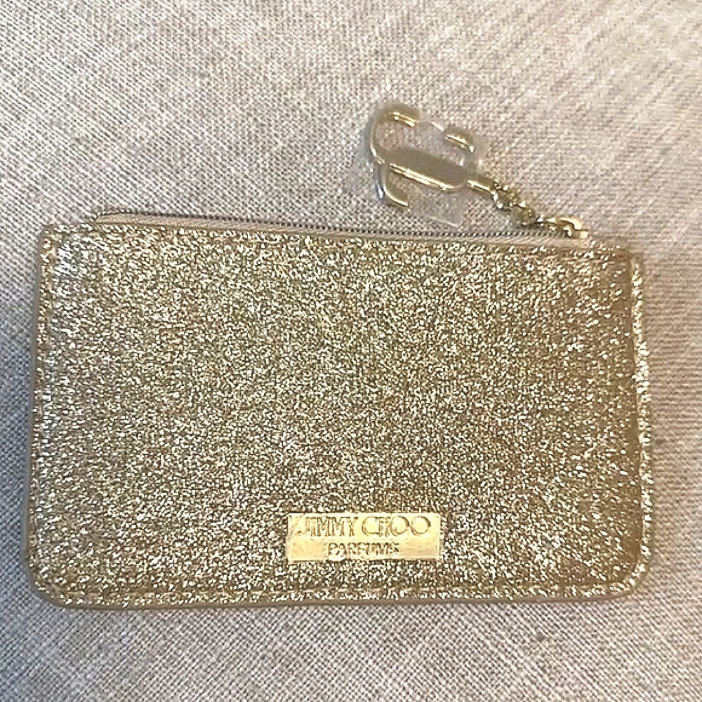 NWOT Jimmy Choo Gold Glitter Zipper Coin Card Pouch NEW Gorgeous